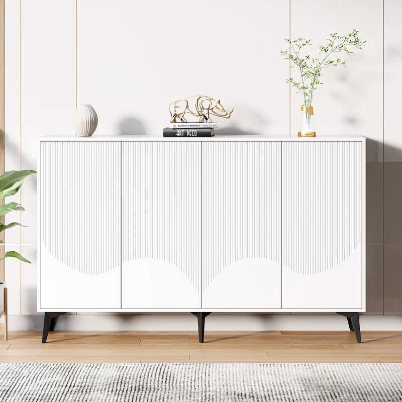 Buffet blanc design vague 4 portes pieds en métal noir 160x35x100cm ALUMINUMBASKET