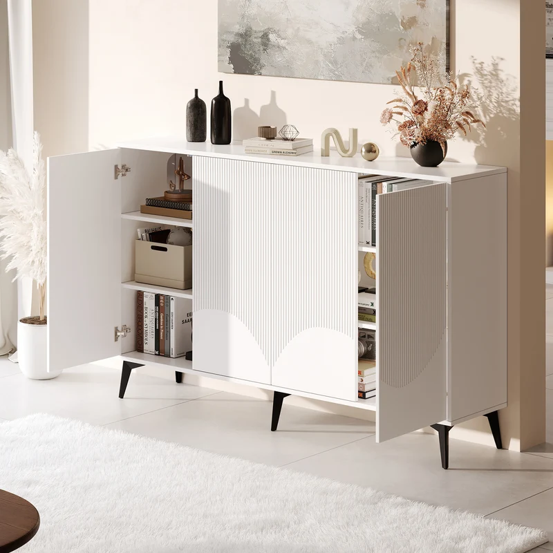 Buffet blanc design vague 4 portes pieds en métal noir 160x35x100cm ALUMINUMBASKET
