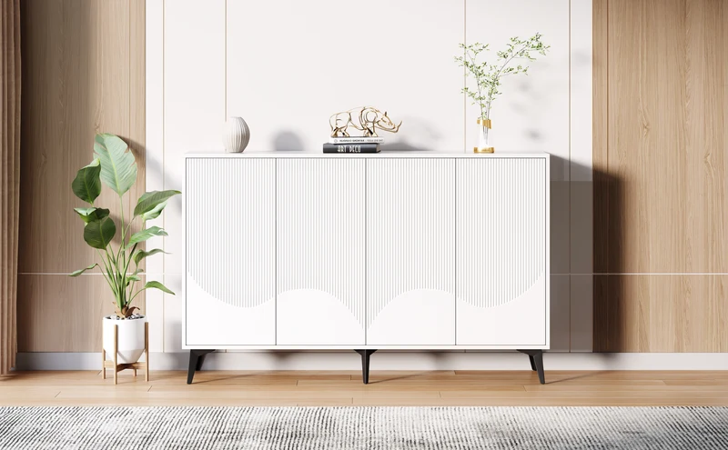 Buffet blanc design vague 4 portes pieds en métal noir 160x35x100cm ALUMINUMBASKET