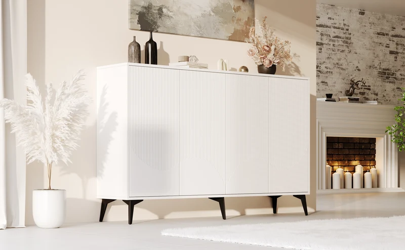 Buffet blanc design vague 4 portes pieds en métal noir 160x35x100cm ALUMINUMBASKET
