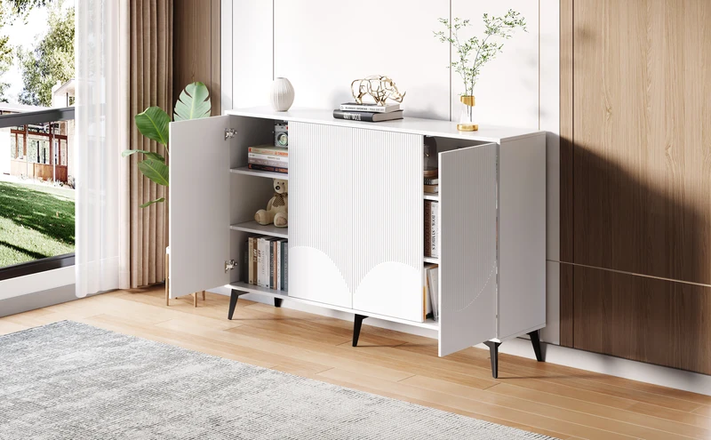 Buffet blanc design vague 4 portes pieds en métal noir 160x35x100cm ALUMINUMBASKET