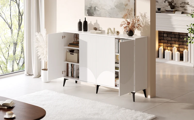 Buffet blanc design vague 4 portes pieds en métal noir 160x35x100cm ALUMINUMBASKET