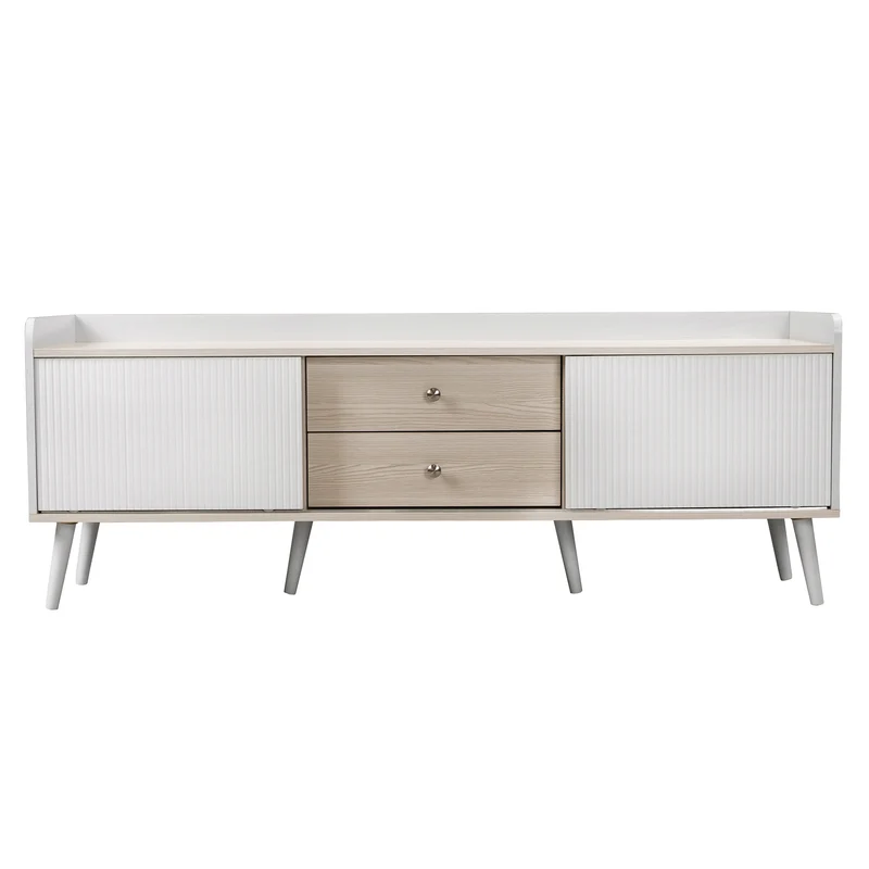 Meuble TV effet bois clair blanc avec 2 tiroirs et portes coulissantes 160x40x58cm ARMOIREECO