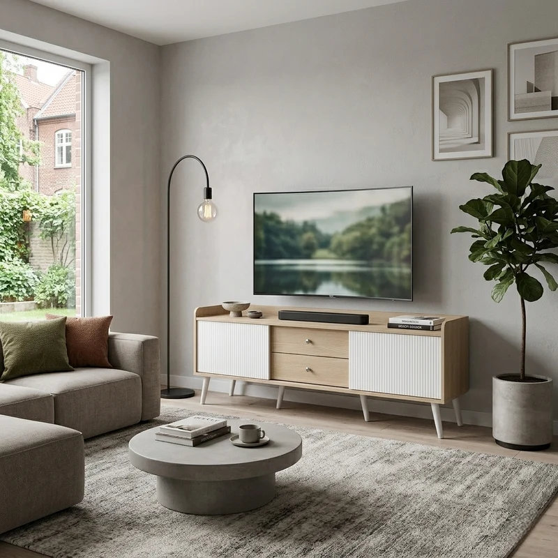 Meuble TV effet bois clair blanc avec 2 tiroirs et portes coulissantes 160x40x58cm ARMOIREECO