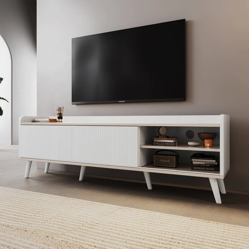 Meuble TV effet bois clair blanc avec 2 tiroirs et portes coulissantes 160x40x58cm ARMOIREECO