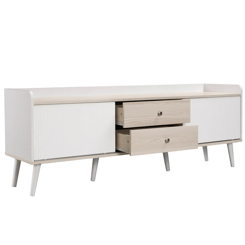 Meuble TV effet bois clair blanc avec 2 tiroirs et portes coulissantes 160x40x58cm ARMOIREECO