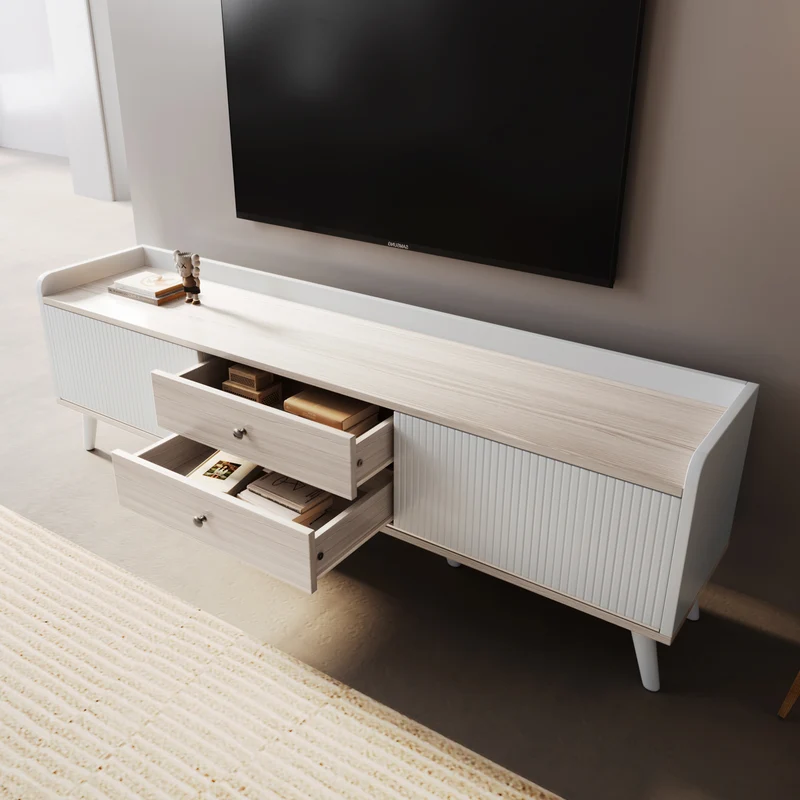 Meuble TV effet bois clair blanc avec 2 tiroirs et portes coulissantes 160x40x58cm ARMOIREECO