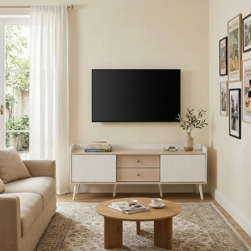 Meuble TV effet bois clair blanc avec 2 tiroirs et portes coulissantes 160x40x58cm ARMOIREECO