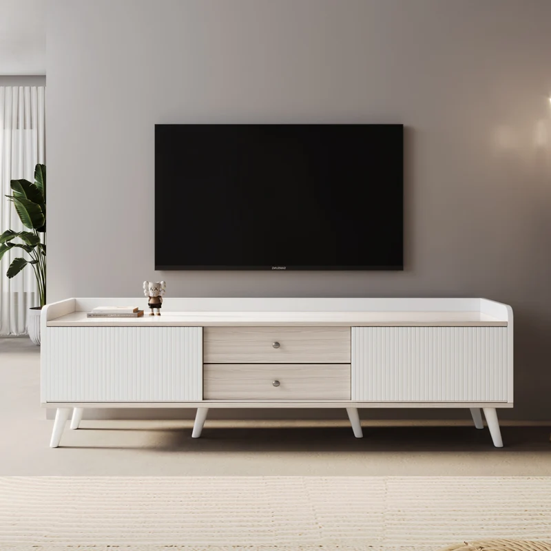 Meuble TV effet bois clair blanc avec 2 tiroirs et portes coulissantes 160x40x58cm ARMOIREECO