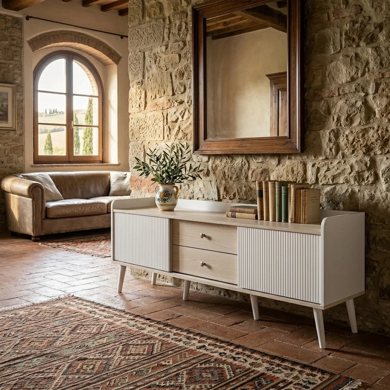 Meuble TV effet bois clair blanc avec 2 tiroirs et portes coulissantes 160x40x58cm ARMOIREECO