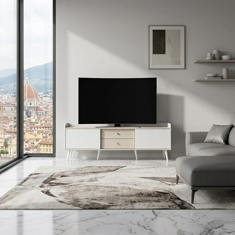 Meuble TV effet bois clair blanc avec 2 tiroirs et portes coulissantes 160x40x58cm ARMOIREECO