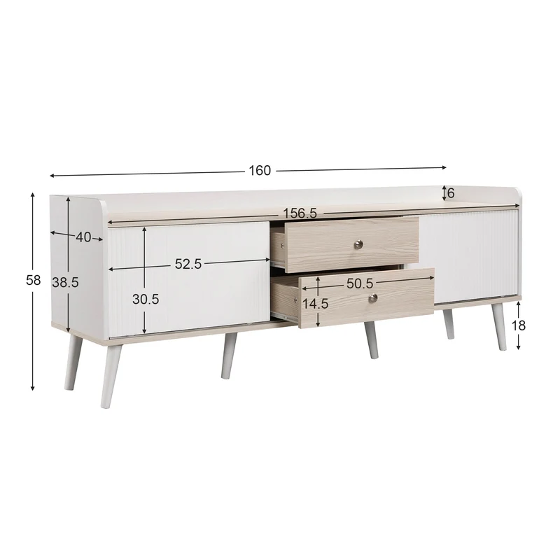 Meuble TV effet bois clair blanc avec 2 tiroirs et portes coulissantes 160x40x58cm ARMOIREECO