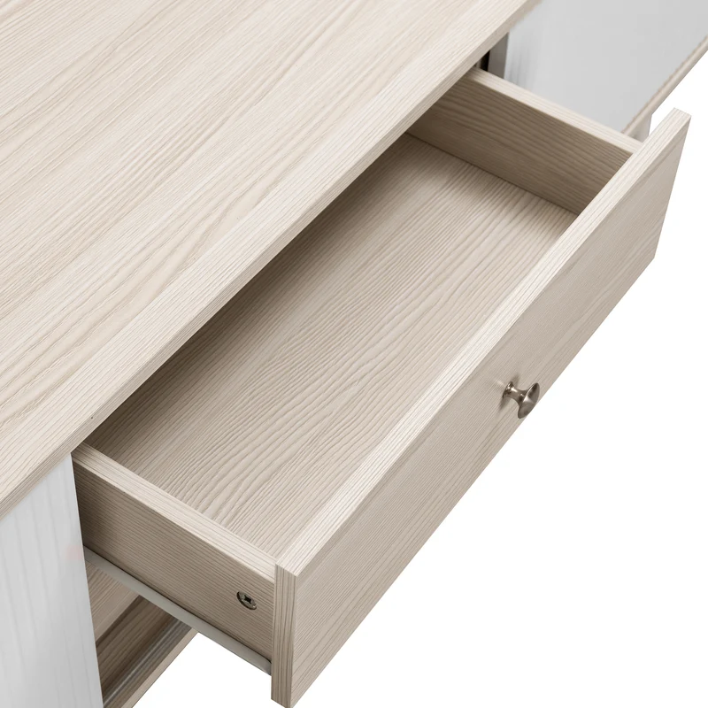 Meuble TV effet bois clair blanc avec 2 tiroirs et portes coulissantes 160x40x58cm ARMOIREECO