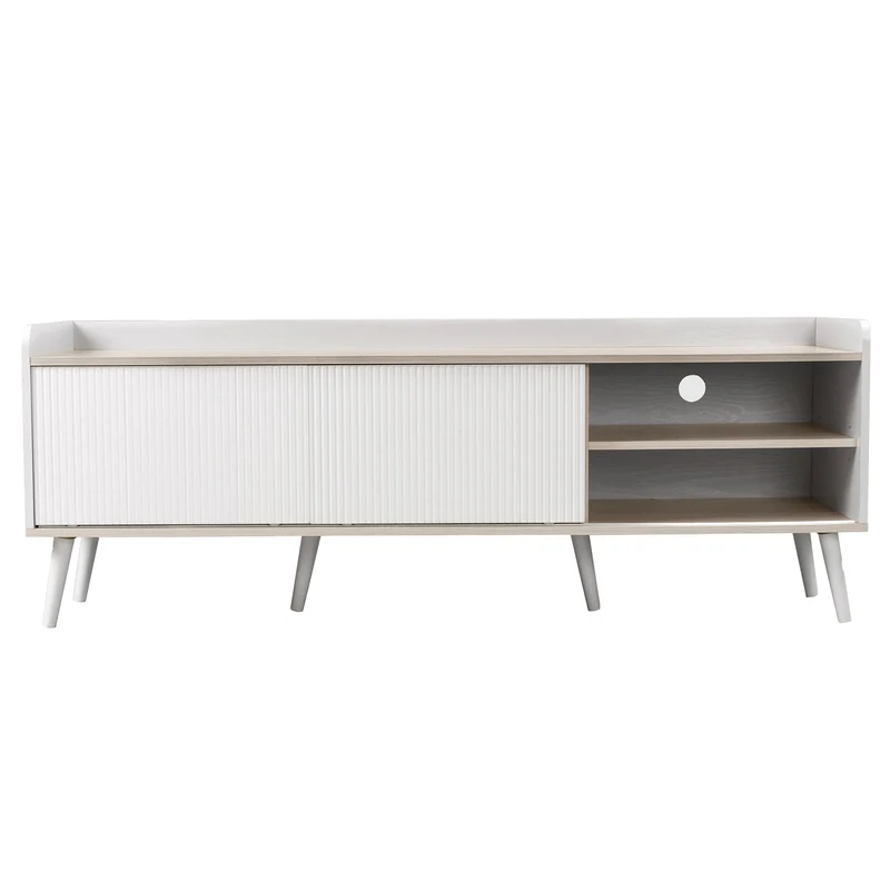 Meuble TV effet bois clair blanc avec 2 tiroirs et portes coulissantes 160x40x58cm ARMOIREECO