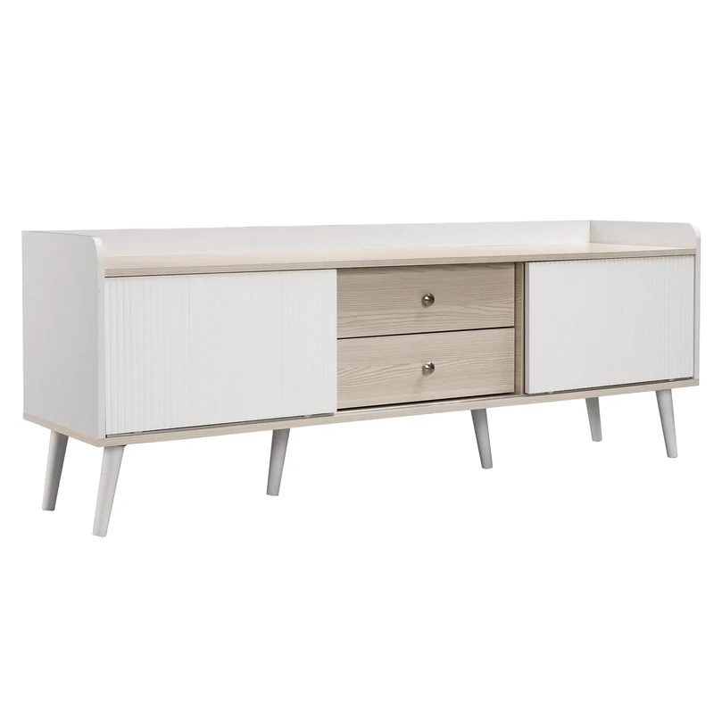 Meuble TV effet bois clair blanc avec 2 tiroirs et portes coulissantes 160x40x58cm ARMOIREECO