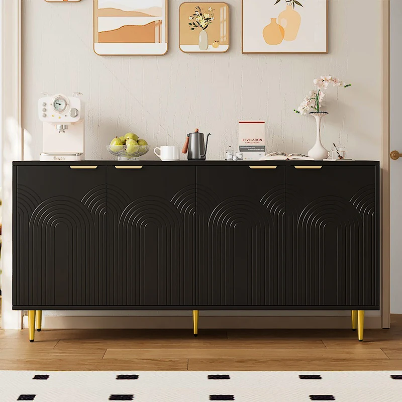 Buffet noir avec 4 portes poignées et pieds dorées 160x40x80cm ALUMINUMMIRROR