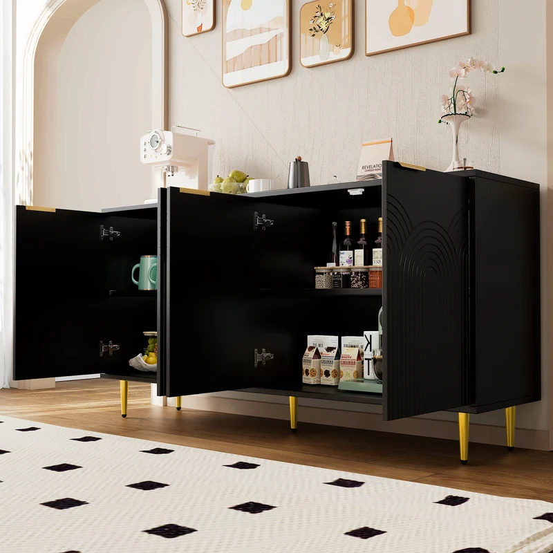 Buffet noir avec 4 portes poignées et pieds dorées 160x40x80cm ALUMINUMMIRROR