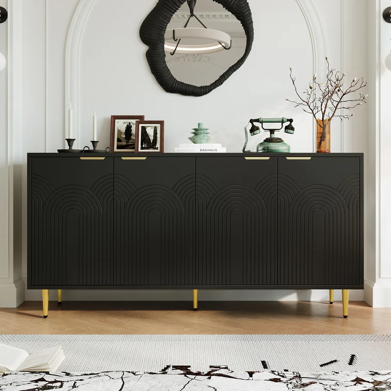 Buffet noir avec 4 portes poignées et pieds dorées 160x40x80cm ALUMINUMMIRROR
