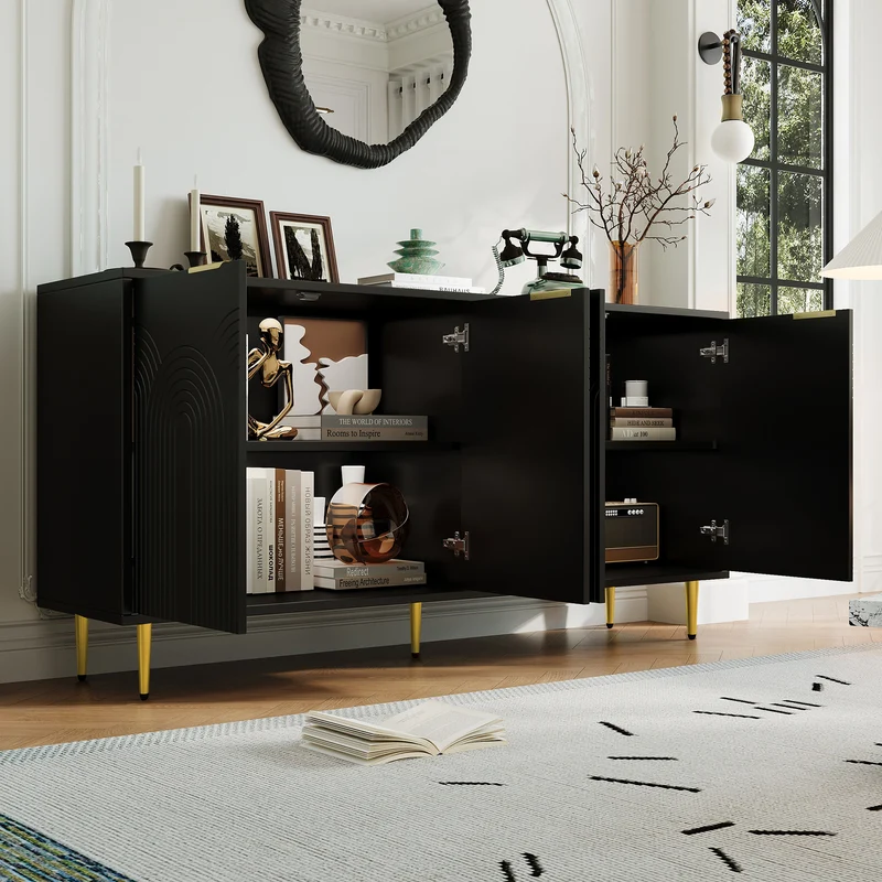 Buffet noir avec 4 portes poignées et pieds dorées 160x40x80cm ALUMINUMMIRROR