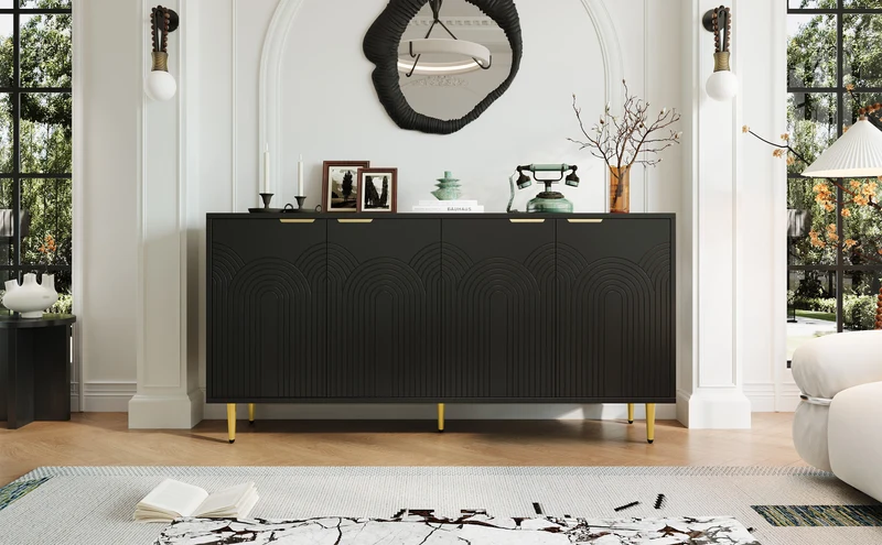 Buffet noir avec 4 portes poignées et pieds dorées 160x40x80cm ALUMINUMMIRROR