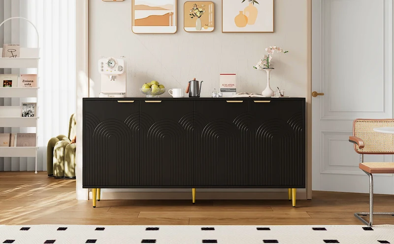 Buffet noir avec 4 portes poignées et pieds dorées 160x40x80cm ALUMINUMMIRROR