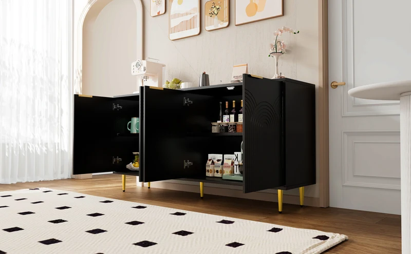 Buffet noir avec 4 portes poignées et pieds dorées 160x40x80cm ALUMINUMMIRROR