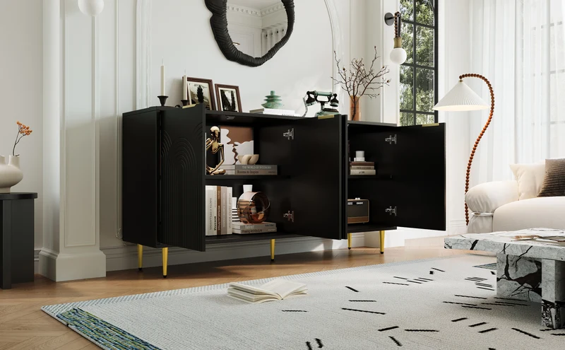 Buffet noir avec 4 portes poignées et pieds dorées 160x40x80cm ALUMINUMMIRROR