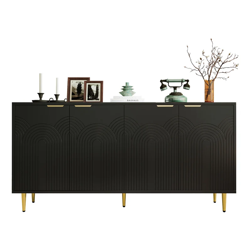 Buffet noir avec 4 portes poignées et pieds dorées 160x40x80cm ALUMINUMMIRROR