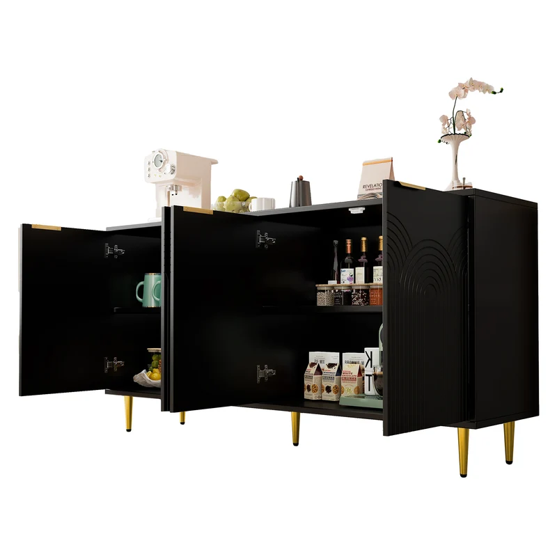 Buffet noir avec 4 portes poignées et pieds dorées 160x40x80cm ALUMINUMMIRROR
