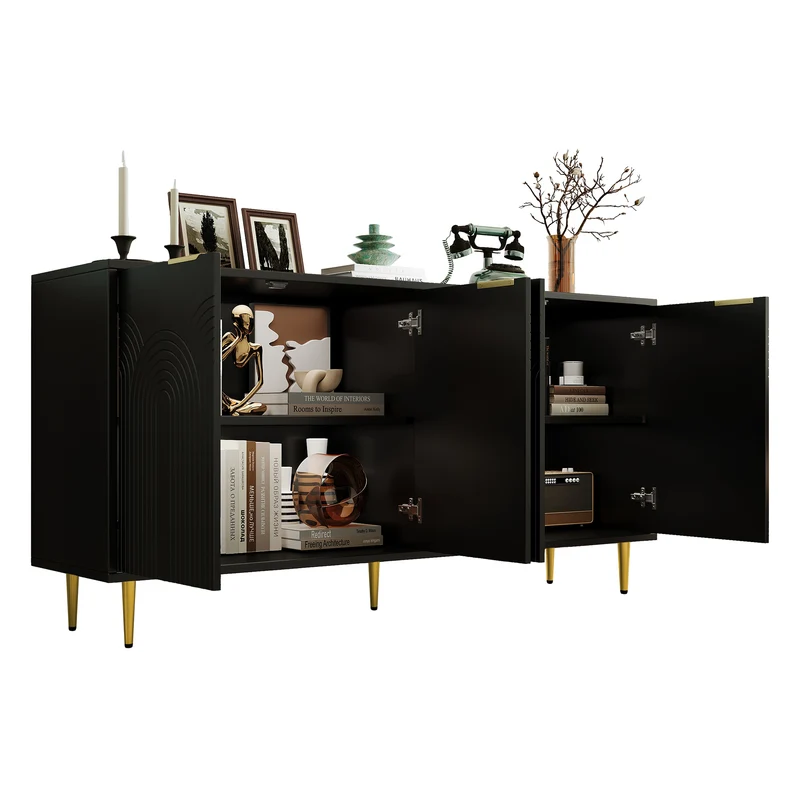 Buffet noir avec 4 portes poignées et pieds dorées 160x40x80cm ALUMINUMMIRROR