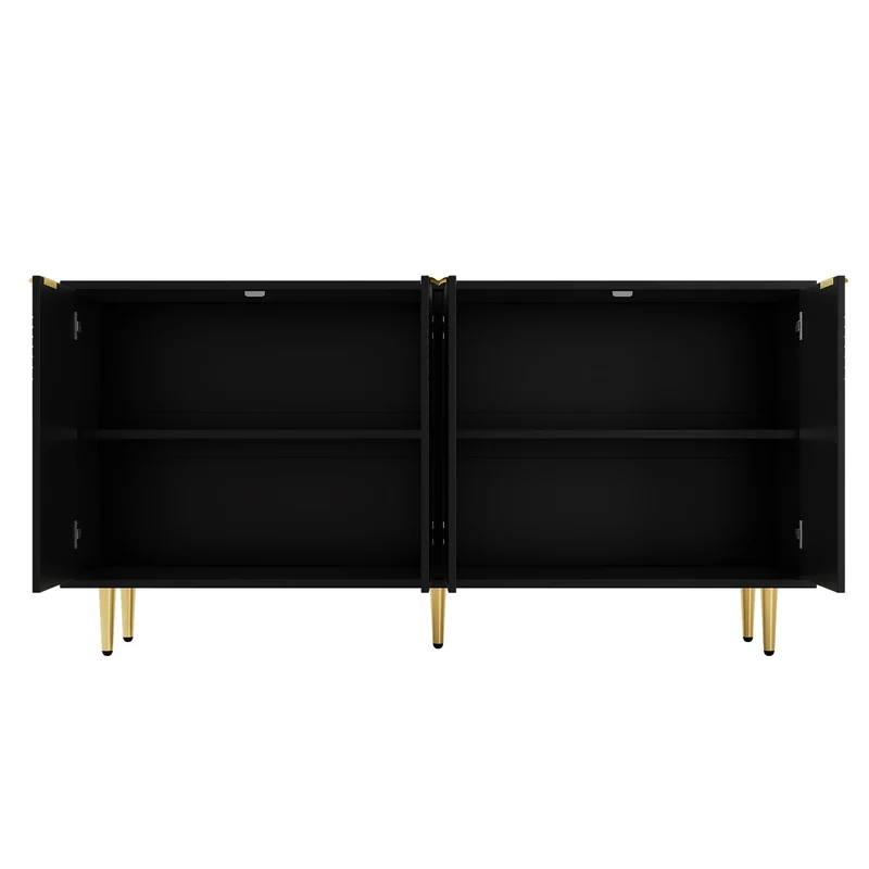 Buffet noir avec 4 portes poignées et pieds dorées 160x40x80cm ALUMINUMMIRROR