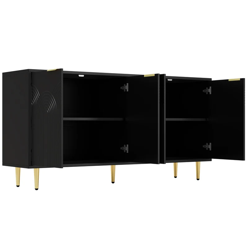 Buffet noir avec 4 portes poignées et pieds dorées 160x40x80cm ALUMINUMMIRROR