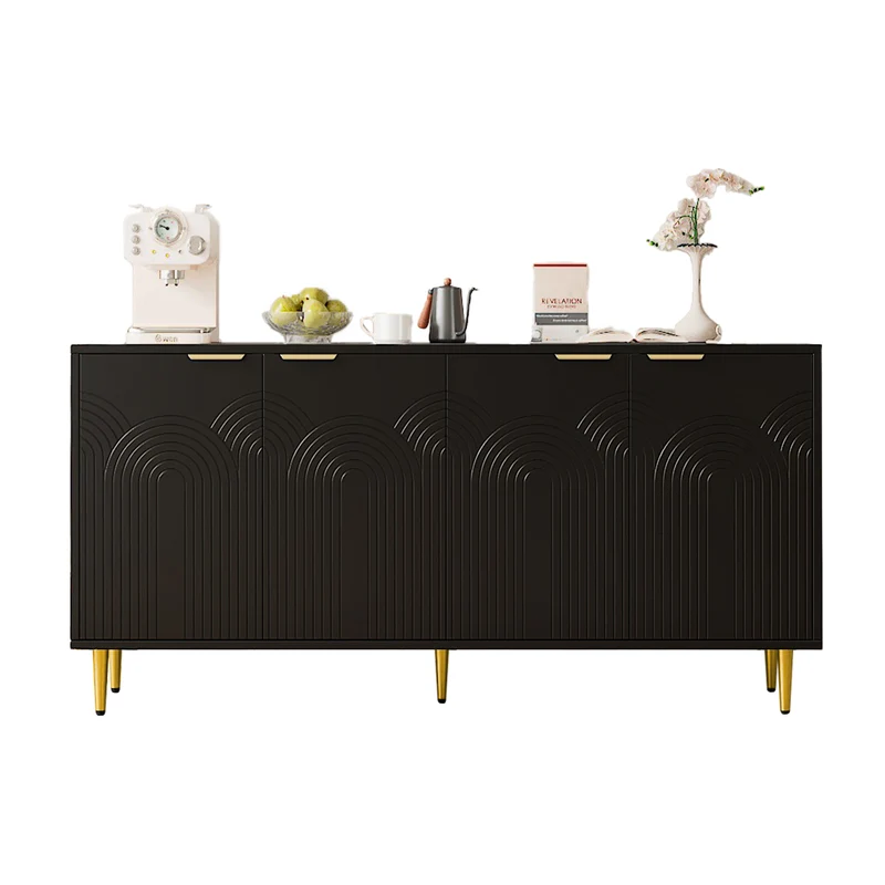 Buffet noir avec 4 portes poignées et pieds dorées 160x40x80cm ALUMINUMMIRROR