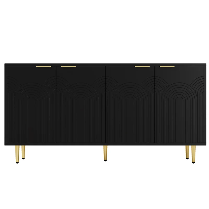 Buffet noir avec 4 portes poignées et pieds dorées 160x40x80cm ALUMINUMMIRROR