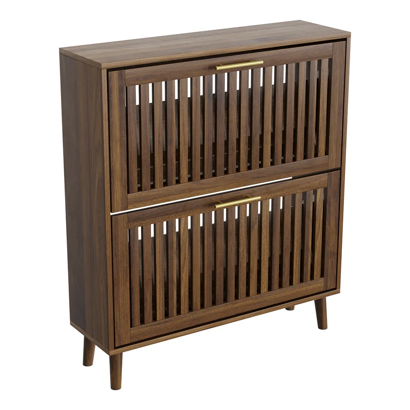 Meuble à chaussures effet noyer 2 abattants avec portes à lattes 80x24x93cm CHROMEPILLOW