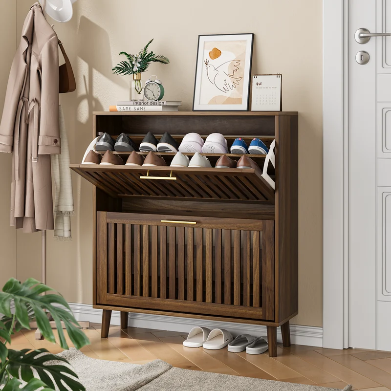 Meuble à chaussures effet noyer 2 abattants avec portes à lattes 80x24x93cm CHROMEPILLOW