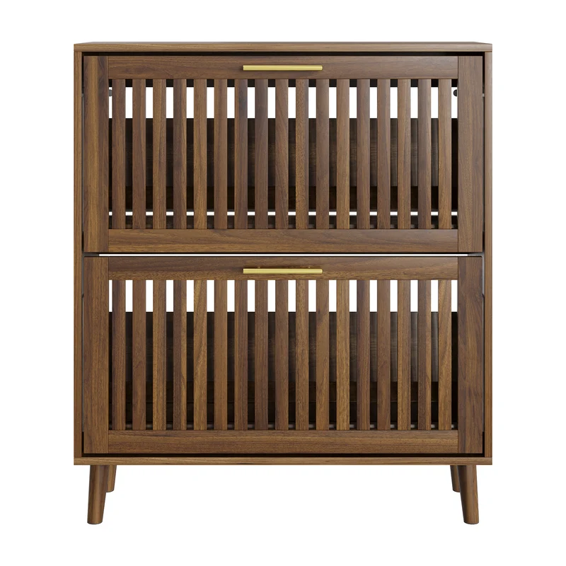 Meuble à chaussures effet noyer 2 abattants avec portes à lattes 80x24x93cm CHROMEPILLOW