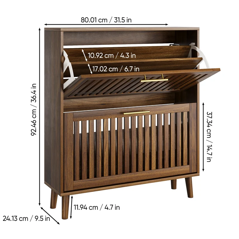 Meuble à chaussures effet noyer 2 abattants avec portes à lattes 80x24x93cm CHROMEPILLOW
