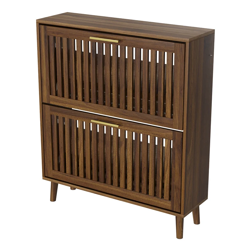 Meuble à chaussures effet noyer 2 abattants avec portes à lattes 80x24x93cm CHROMEPILLOW