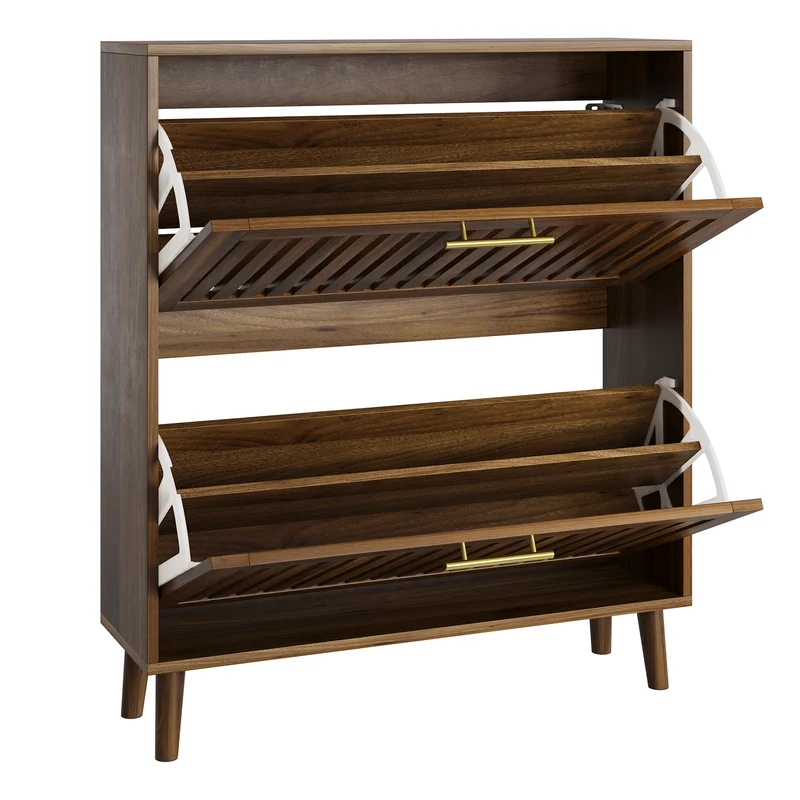 Meuble à chaussures effet noyer 2 abattants avec portes à lattes 80x24x93cm CHROMEPILLOW