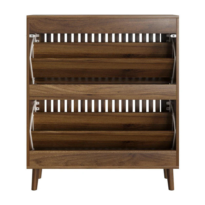 Meuble à chaussures effet noyer 2 abattants avec portes à lattes 80x24x93cm CHROMEPILLOW