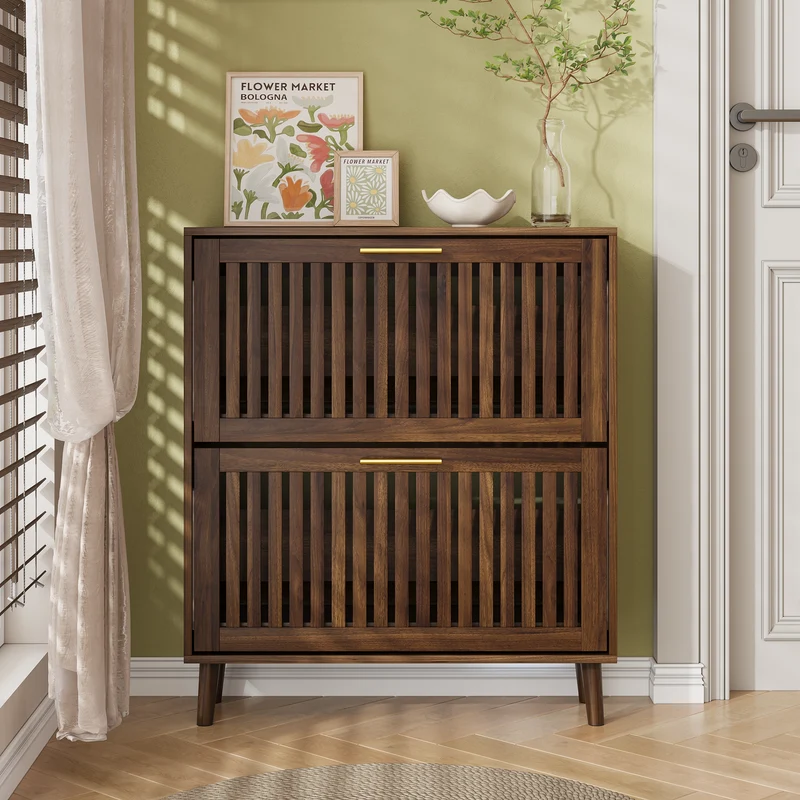 Meuble à chaussures effet noyer 2 abattants avec portes à lattes 80x24x93cm CHROMEPILLOW