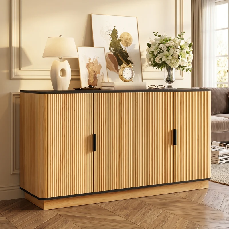 Buffet effet bois 4 portes au design contemporain et cannage bois 139x40x75cm CLASSICARMOIREHOME