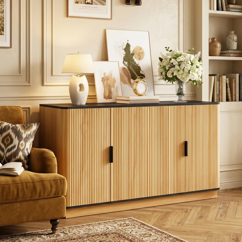 Buffet effet bois 4 portes au design contemporain et cannage bois 139x40x75cm CLASSICARMOIREHOME