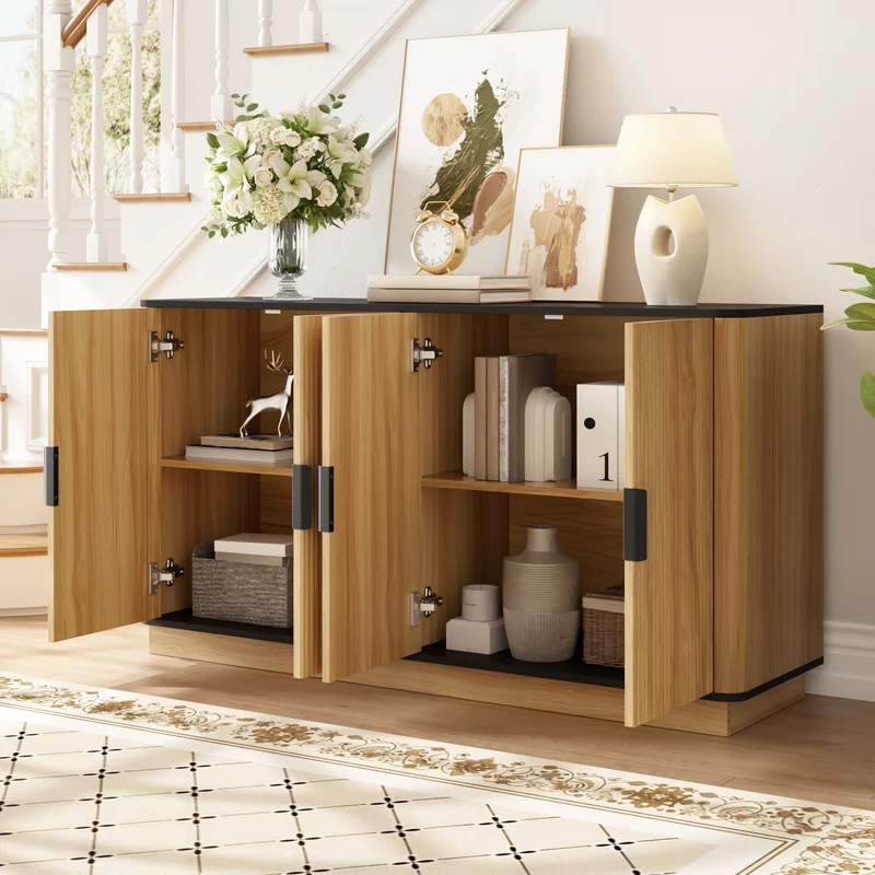 Buffet effet bois 4 portes au design contemporain et cannage bois 139x40x75cm CLASSICARMOIREHOME
