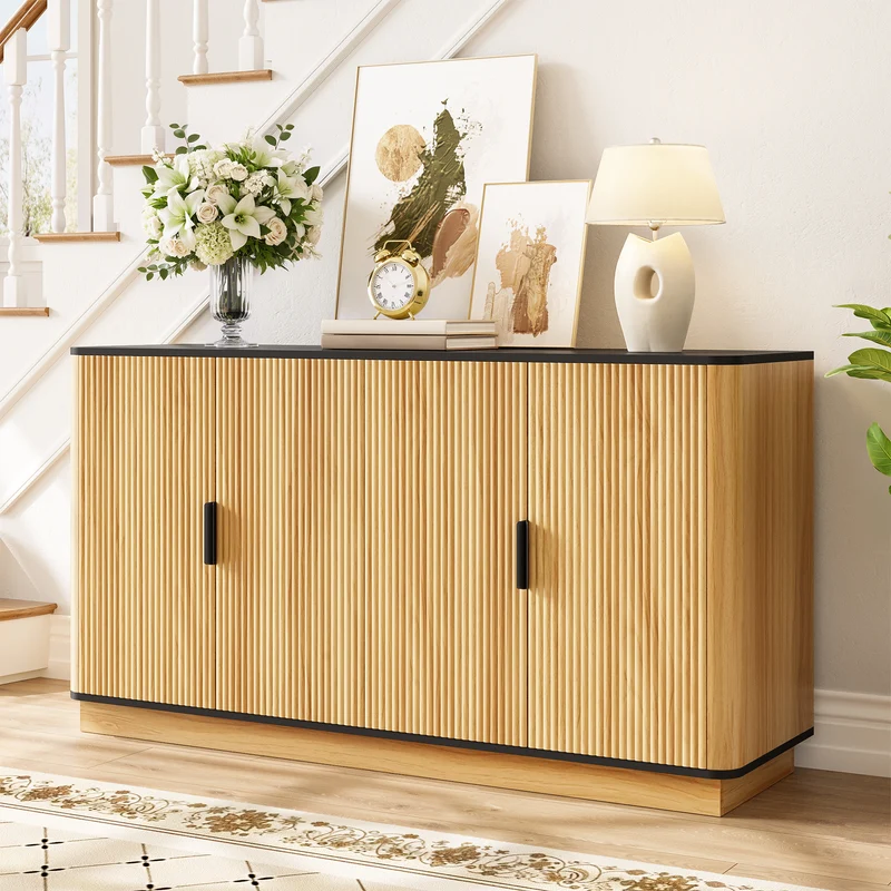 Buffet effet bois 4 portes au design contemporain et cannage bois 139x40x75cm CLASSICARMOIREHOME