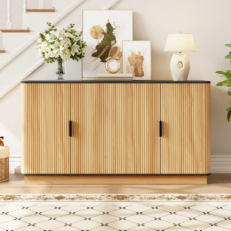 Buffet effet bois 4 portes au design contemporain et cannage bois 139x40x75cm CLASSICARMOIREHOME