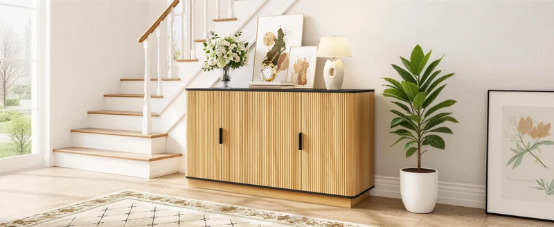 Buffet effet bois 4 portes au design contemporain et cannage bois 139x40x75cm CLASSICARMOIREHOME