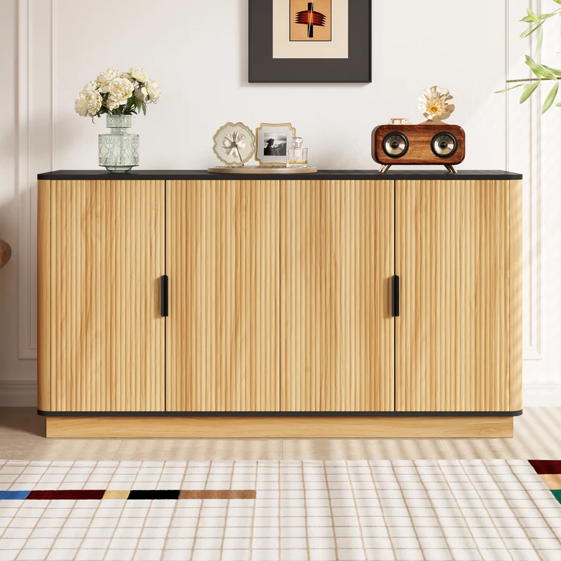 Buffet effet bois 4 portes au design contemporain et cannage bois 139x40x75cm CLASSICARMOIREHOME