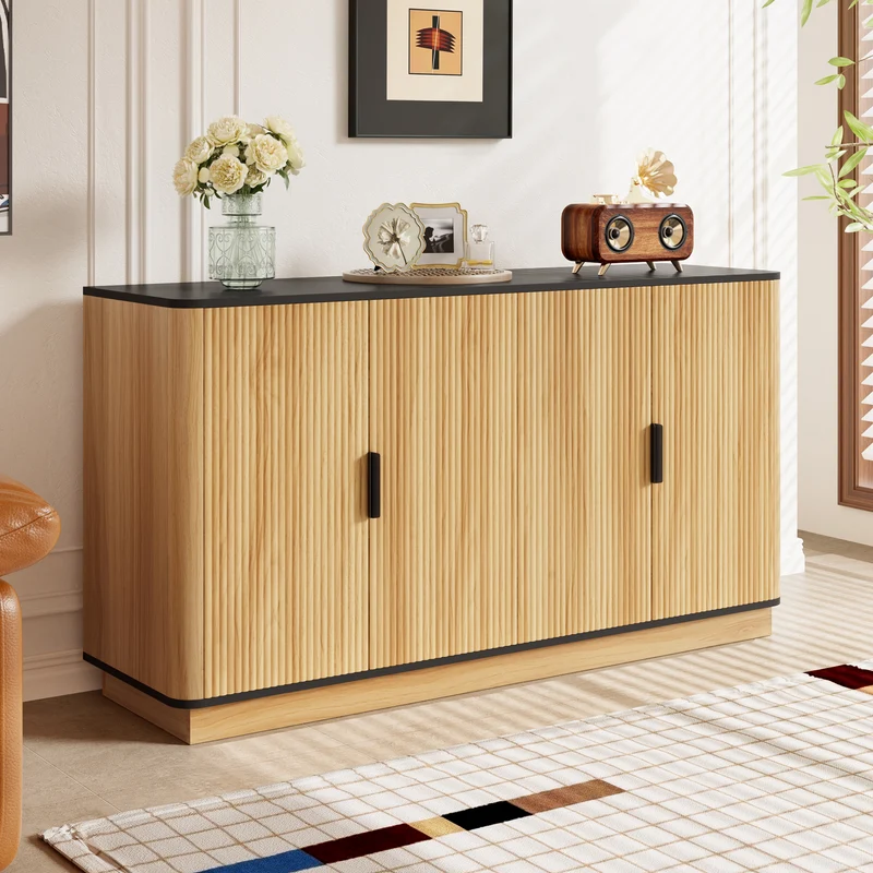 Buffet effet bois 4 portes au design contemporain et cannage bois 139x40x75cm CLASSICARMOIREHOME